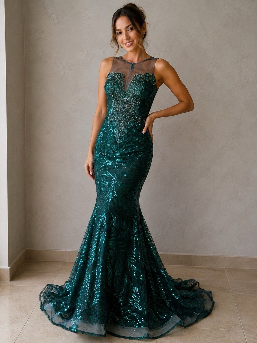 Emerald Green Sequin Mermaid Prom Dress Beaded Illusion Neck Evening Gown Sz S